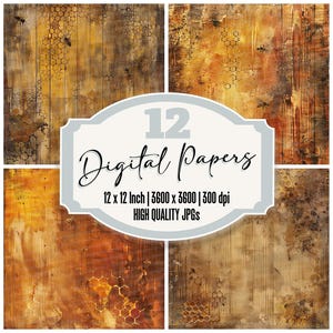 May include: A set of 12 digital papers featuring a rustic wood background with honeycomb patterns and bee silhouettes. The papers are 12 inches by 12 inches and 3600 pixels by 3600 pixels at 300 dpi.  The papers are high quality JPGs.