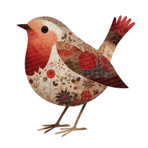 Può includere: Illustrazione decorativa di un pettirosso con un design patchwork. L'uccello ha il petto rosso, il becco marrone e il corpo decorato con motivi floreali e geometrici nei toni del rosso, marrone e beige. L'uccello è in piedi su due sottili zampe su sfondo bianco.
