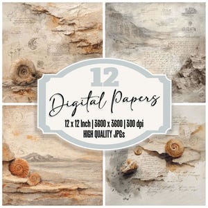 以下が含まれることがあります： ヴィンテージ感のある4つのデジタルペーパーのコラージュ。各ペーパーは、化石や風景の要素を持つテクスチャード加工の背景が特徴です。「12 Digital Papers」のテキストが中央のバナーに表示されます。ペーパーは30.48 x 30.48 cmです。