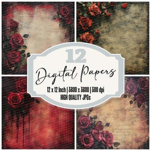 12x Carta da giornale vintage con rose, carta digitale floreale, sfondi scritti a mano, JPG di alta qualità, carta per scrapbooking