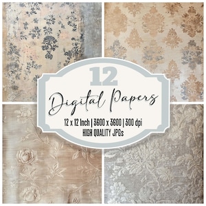 12x Antique Wallpaper Digital Paper Pack, Aged Junk Journal Paper, Distressed Floral Textures, Shabby Chic Ephemera, Digital Download