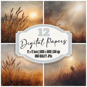 May include: Four images of a sunset over a field of tall grass, with a warm, golden colour palette. The central text reads "12 Digital Papers", with dimensions and file type details. The overall theme is nature and digital art, suitable for digital projects.