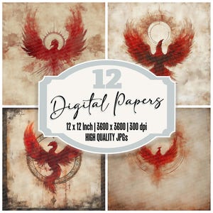 12 x Phoenix Alchemy Junk Journal Paper Pack de papier numérique Arrière-plans symboliques Papier imprimable JPG de haute qualité Texture Firebird