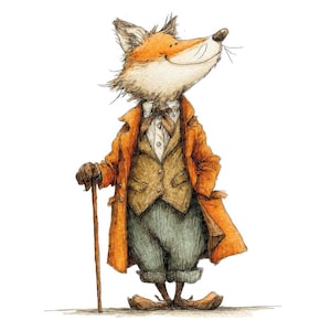 May include: A detailed illustration of a fox in a brown suit, orange overcoat, and grey trousers, holding a wooden cane. The fox has a white chest, orange fur, and is smiling. The artwork is created with pen and ink.