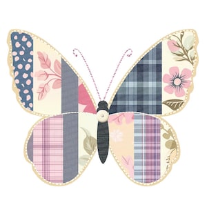 May include: A decorative butterfly with patchwork wings. The wings feature various patterns, including floral, plaid, and polka dots, in shades of pink, blue, and cream. The butterfly has a cream-colored body and antennae with pink accents. The edges are outlined with a dotted pattern.