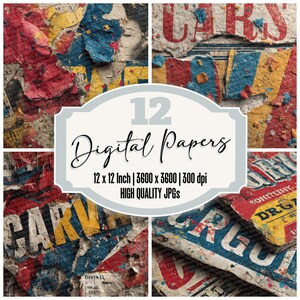 12x Karneval Poster Junk Journal Papier Rot Gelb Blau Textur Digitales Papier Pack Hochwertige JPGs Vintage Fair Ephemera