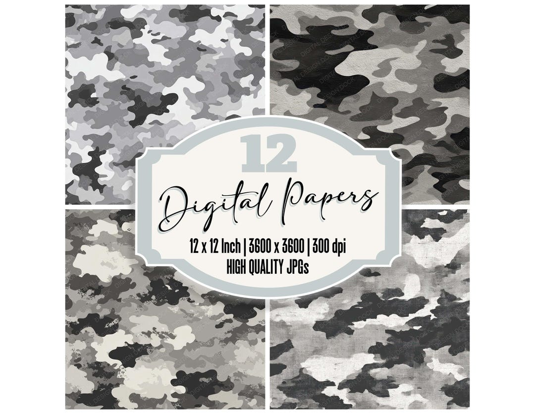 Urban Camo Digital Paper Pack 12x Gray Camouflage Junk Journal Paper ...