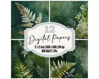 May include: A digital paper set featuring four panels with a dark green background and fern and leaf accents. The central panel displays the text "12 Digital Papers" with dimensions of 12 x 12 inches and 3600 x 3600 resolution.