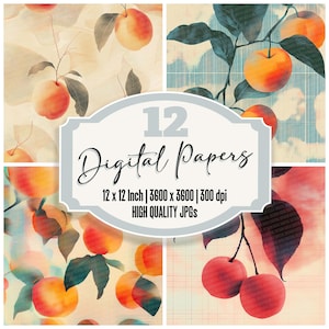 12x Fruit ziehen Mirage Junk Journal Papier Digitales Papier Pack Surreal Peaches Retro Texture Abstrakt Sommer High Quality JPGs