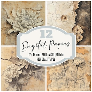 12 x chrysant fossiele ongewenste dagboek papier botanische digitale papier Pack hoge kwaliteit jpg's versteende textuur plakboek downloaden