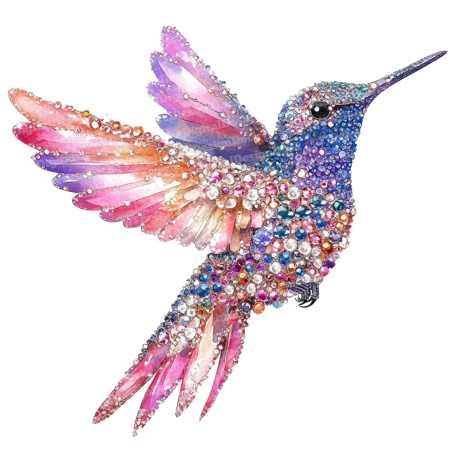 Jeweled Hummingbird Clip Art, 12x Watercolor Hummingbird With Gems ...
