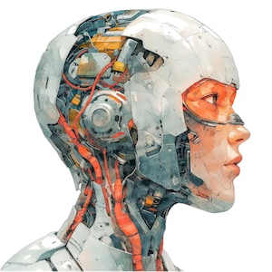Puede incluir: Una ilustración de acuarela de una cabeza robótica con cables expuestos y un casco parcialmente abierto. La cabeza es blanca con acentos rojos y naranjas. El robot tiene una cara humana con un ojo cerrado y una boca ligeramente abierta.