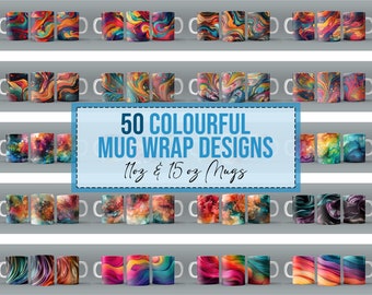 50x Colourful PNG Mug Wraps for 11 oz 15oz Sublimation Mug Bulk Bundle Mug Wrap Downloads PNG Bold Color Design Digital Mega Bundle Designs