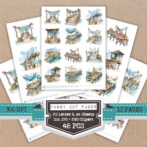 Peut inclure: Plusieurs feuilles blanches présentent des illustrations à l'aquarelle d'étals de marché en bord de mer avec des auvents bleus et des structures en bois. Les feuilles sont étiquetées avec "Fussy Cut Pages", "US Letter & A4 Sheets" et "48 PCS". Le texte "300 DPI" et "12 PAGES" est également présent.
