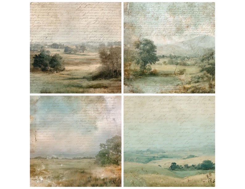 12x Vintage Countryside Landscape Junk Journal Paper Rustic Field Scene ...