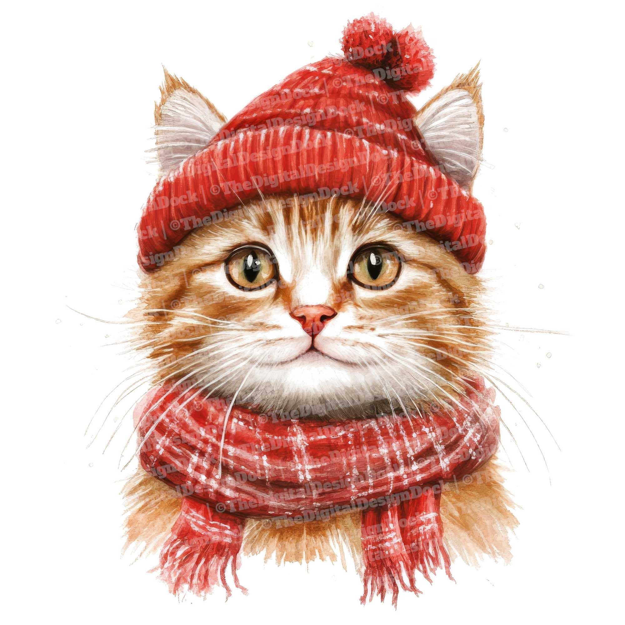 クリスマス猫のクリップアート、12 枚のサンタ猫の水彩クリップアート