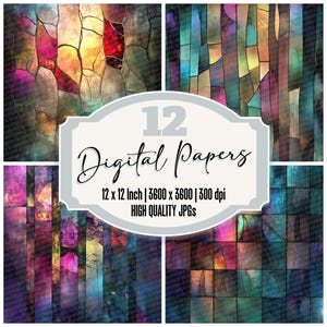 12x Glowing Stained Glass Digital Paper Pack, Medieval Junk Journal Paper, Ethereal Window Textures, High Quality JPGs, Digital Download