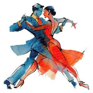 Op de afbeelding: Waterverfillustratie van een stel dat tango danst. De man draagt een blauw pak met een geel overhemd en rode stropdas. De vrouw draagt een rode jurk. De afbeelding heeft een witte achtergrond.