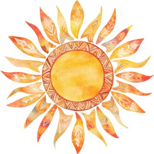May include: A watercolor painting of a sun with orange, yellow, and red rays. The sun has a decorative pattern around the center.
