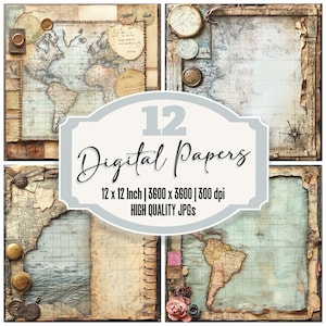 12x Mapa Postal Papel de Diário Papel Digital Pacote de Fundos de Viagem Vitorianos JPGs de Alta Qualidade Scrapbook Imprimível Download