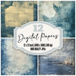 12x Kompass Junk Journal Papier Drift Map Textur Digitales Papier Pack Hochwertige JPGs Vintage Seekarte Scrapbook Hintergrund