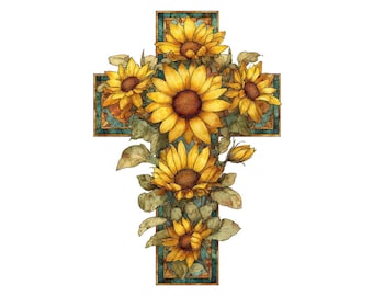 Cross PNG Clip Art, 12x Sunflower Floral Clipart Set, Printable Watercolor Christian Art, Transparent PNG, Digital Download, Junk Journal