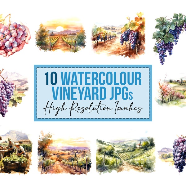 10x Vineyard Watercolour Clipart Wine Grapes JPG Digital Clip Art Bundle Downloads jpeg File t-shirt Designs Commercial Use Images