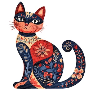 Può includere: Illustrazione decorativa di un gatto in stile folk art. Il gatto è principalmente blu navy, con motivi floreali rossi, arancioni e color crema. La coda del gatto è arricciata e il disegno è su sfondo bianco.