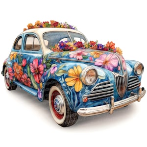 Floral Car Clipart, 12 High Quality JPGs, Watercolor Vintage Car, Digital Download,Paper Crafts,Junk Journals,Wall Art,Floral Watercolor Car