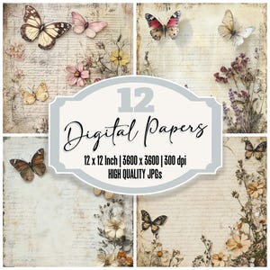 12x Butterfly Junk Journal Paper Digital Paper Pack Victorian Botanical Backgrounds High Quality JPGs Scrapbook Printable Download
