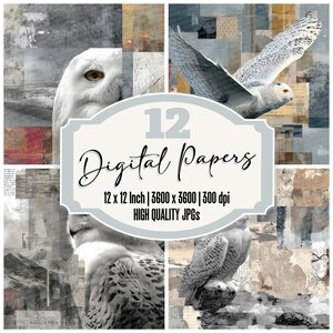 12x Schneeeule Junk Journal Papier Arktis Karte Digitales Papier Pack Hochwertige JPGs Distressed Texture Scrapbook Papier Digitaler Download