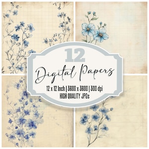 12x Forget Me Not Flower Junk Journal Paper Vintage Botanical Sketch Digital Paper Pack High Quality JPGs Scrapbook Paper Download