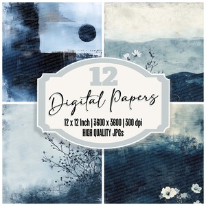12x Emotion Echo Archive Junk Journal Paper Abstract Blue and White Design com Floral e Textura JPGs de alta qualidade Download digital