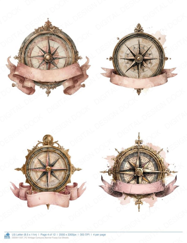 Vintage Compass Banner Fussy Cut Sheets, 12x Printable Pages, Junk ...