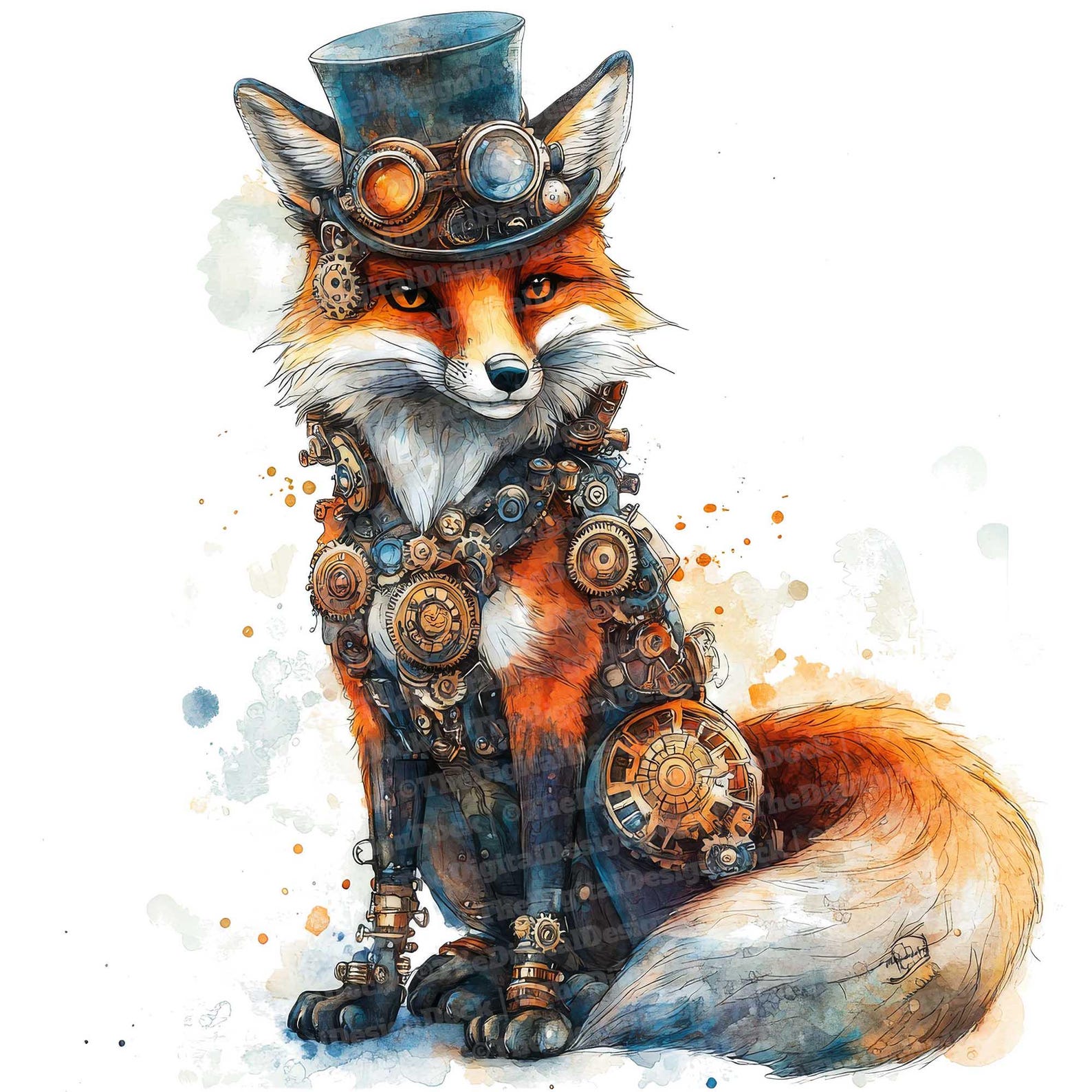 12x Steampunk Fox Clipart, Watercolor Mechanical Animal, High Quality ...