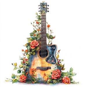 12 gitaar clipart, bloemen gitaar clipart, afdrukbare aquarel clipart, Paper Crafts, kunst aan de muur, digitale download, ongewenste tijdschriften, Paper Crafts