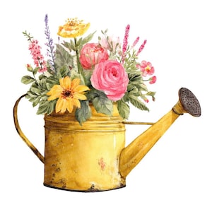 以下が含まれることがあります： 鮮やかな花のブーケが入った黄色の水差しを描いた水彩イラスト。花にはピンクのバラ、黄色のデイジー、紫色のワイルドフラワーが含まれています。水差しは素朴で古びた外観をしています。