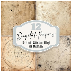 12 Antique Star Chart Digital Paper, Distressed Astronomy Junk Journal Paper, Aged Constellation Texture, Printable Paper Pack, Quality JPGs