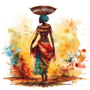 African Woman PNG Clipart, 12x Watercolor Woman Carrying Basket Clip Art Set, Printable Digital Download, Transparent PNG, Cultural Art