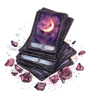 12 cartas del tarot apiladas, imágenes prediseñadas, cartas del tarot en acuarela con luna y estrellas, imágenes prediseñadas imprimibles, descarga digital, imágenes PNG transparentes