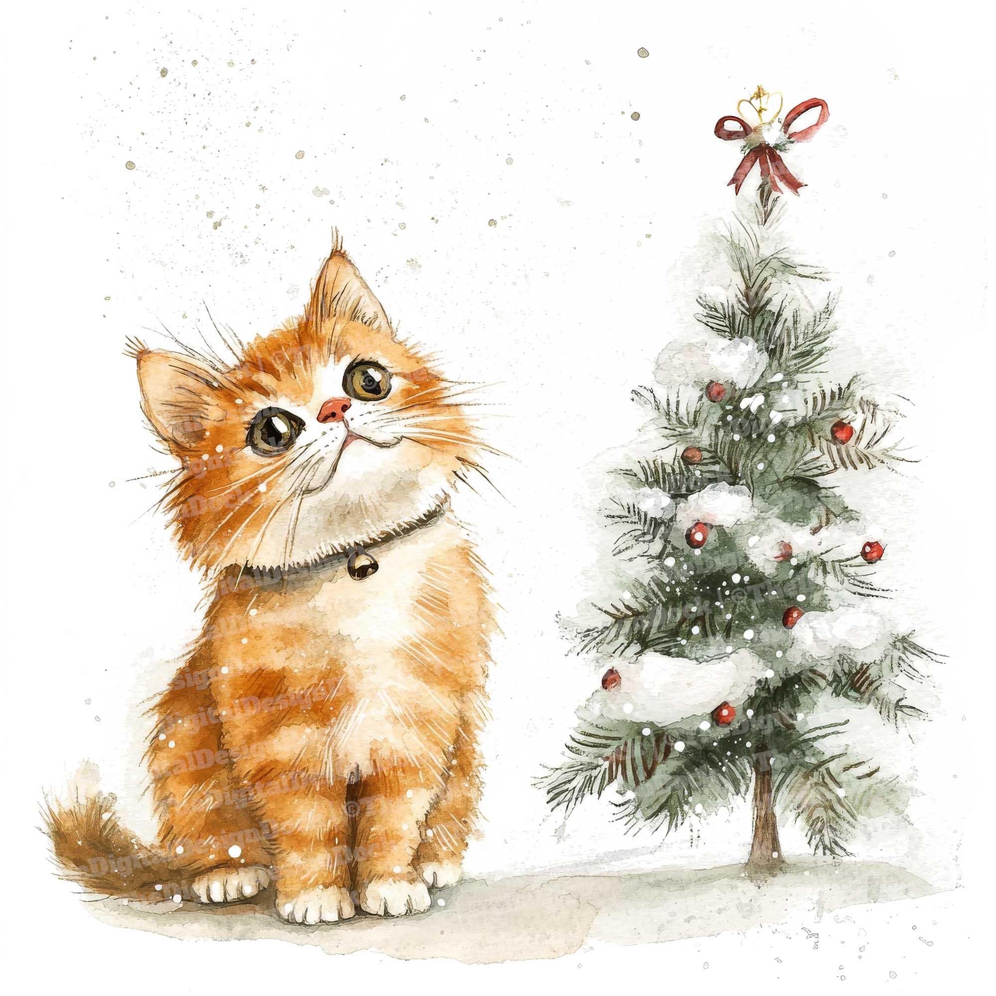 12x クリスマス猫のクリップアート、猫とクリスマスツリーの水彩画、高