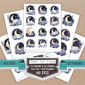 Flat Moon Resting Cloud Fussy Cut Sheets, 12x Printable Pages, Nursery Art Cut Outs, Junk Journal Ephemera, Print and Cut, Digital Download