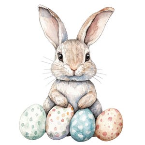 May include: A watercolor illustration of a brown bunny rabbit holding four Easter eggs. The eggs are decorated with pastel colors and patterns.