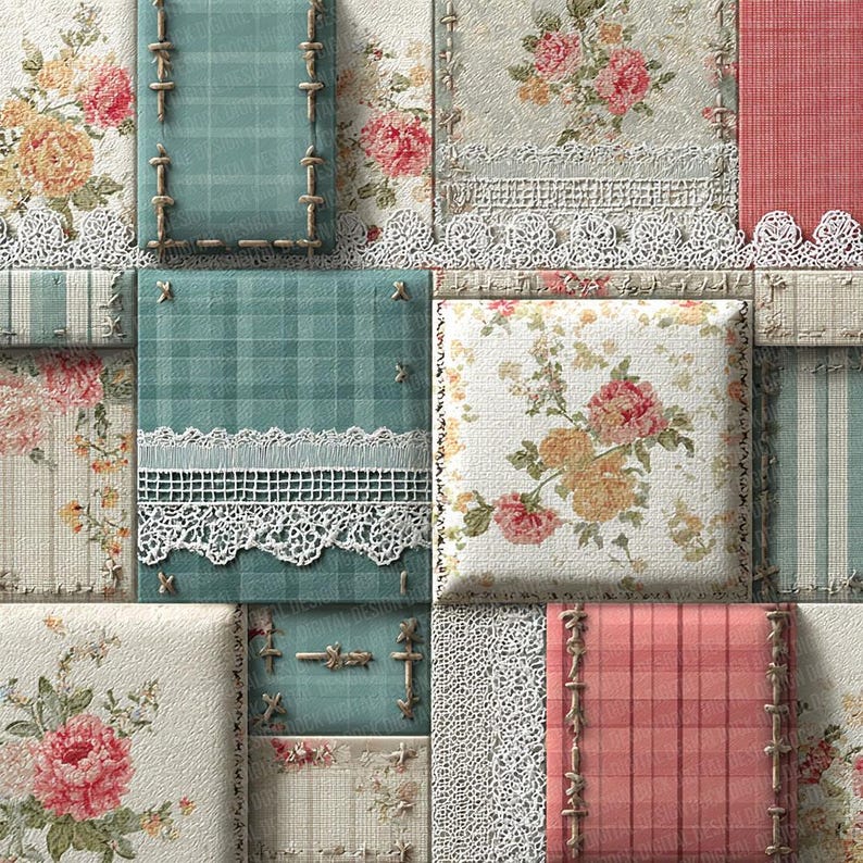 12x Shabby Patchwork Digital Paper Pack Ivory Teal Junk Journal Paper ...
