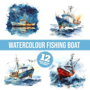 Clipart bateau de pêche aquarelle, 12 fichiers JPG, image imprimable de bateaux de pêche, Illustration, art mural, téléchargement numérique, journaux indésirables, T-shirt