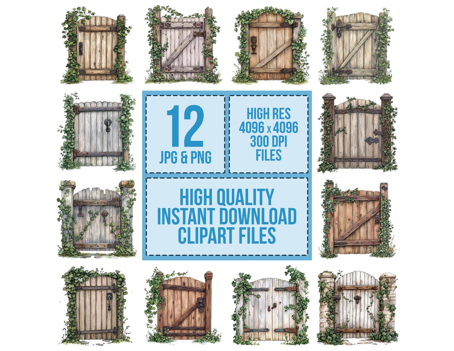 12x Wooden Gate PNG Clipart, Vintage Garden Doors Clip Art, Printable ...
