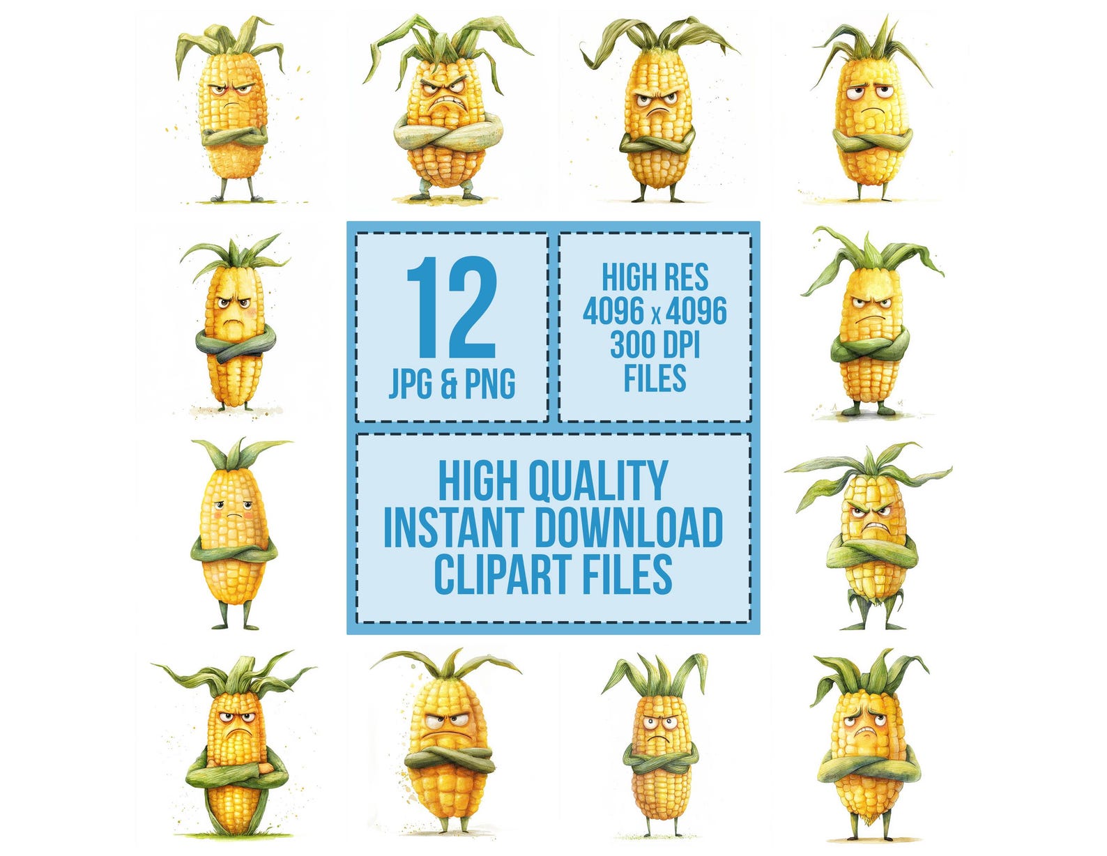 Grumpy Corn PNG Clipart, 12x Angry Vegetable Character PNG Clipart Set ...