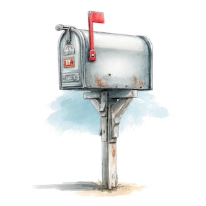 May include: Watercolor illustration of a silver mailbox with a red flag. The mailbox is mounted on a wooden post and has the number 17 on the front. The mailbox shows signs of age and rust.