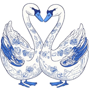 Bleu de Delft paire de cliparts, 12 x cygne à motifs floraux PNG ensemble, élégant cygne Clip Art, téléchargement numérique, travaux manuels en papier, journaux indésirables