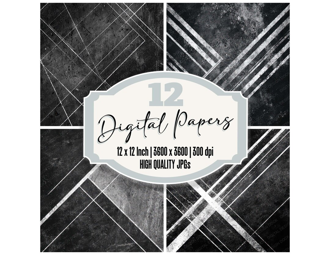 Black Geometry Grunge Junk Journal Paper Pack 12x Abstract Line Pattern ...